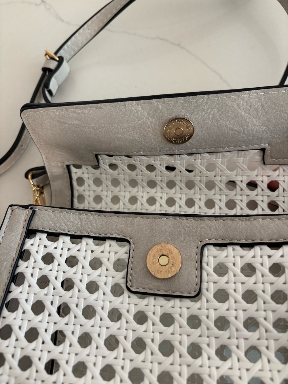 Woven White and Light Gray Crossbody Bag with Gold Hardware - Picture 6 of 7